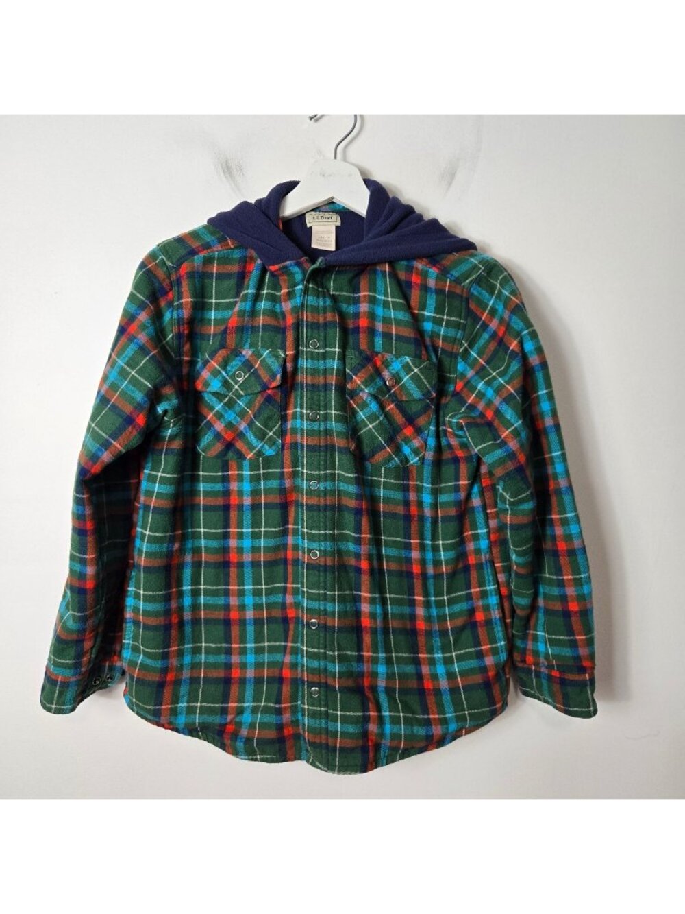 L.L. Bean Boys Youth Size L Hooded Fleece Lined Snap Flannel Shirt Jacket Plaid